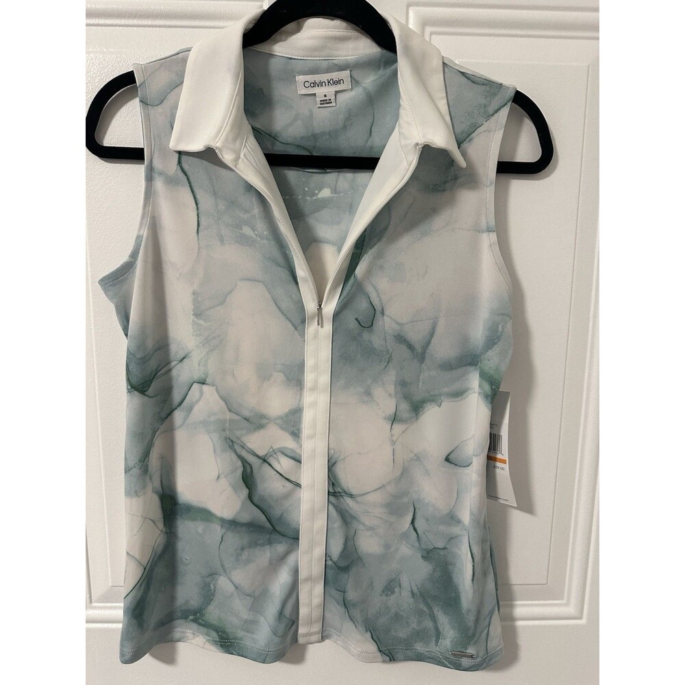 Calvin Klein Watercolor Marble Sleeveless Zip Polo Top Small